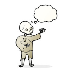 cartoon skeleton waving with thought bubble