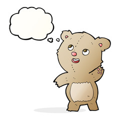 cartoon cute waving teddy bear with thought bubble