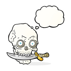 cartoon pirate skull with knife in teeth with thought bubble
