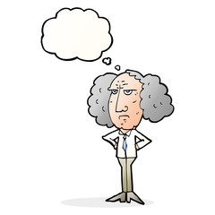 cartoon big hair lecturer man with thought bubble