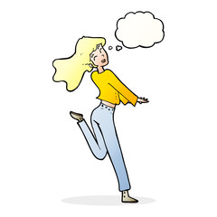 cartoon happy girl kicking out leg with thought bubble