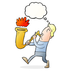 cartoon man blowing saxophone with thought bubble