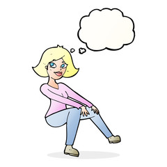 cartoon happywoman sitting with thought bubble