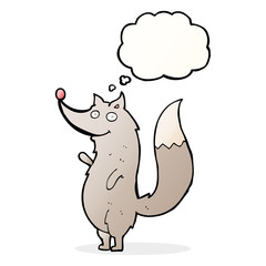 cartoon waving wolf with thought bubble