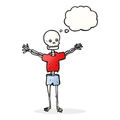 cartoon skeleton in clothes with thought bubble