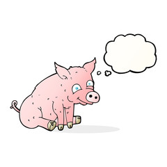 cartoon happy pig with thought bubble