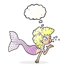 cartoon mermaid blowing kiss with thought bubble