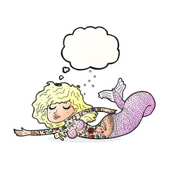 cartoon mermaid covered in tattoos with thought bubble