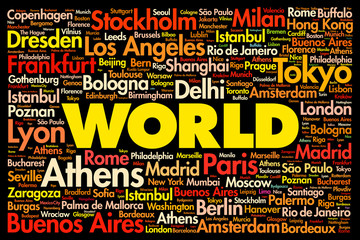 WORLD word cloud concept made with words cities names, business concept background
