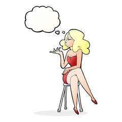 cartoon woman sitting on bar stool with thought bubble