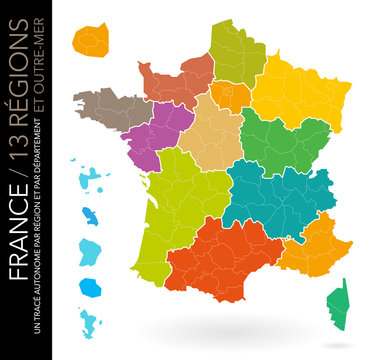 Carte de France 13 régions (Carte modifiable : un tracé par département)