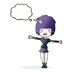 cartoon happy vampire girl with thought bubble