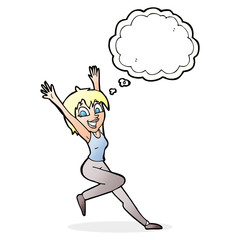 cartoon excited woman with thought bubble