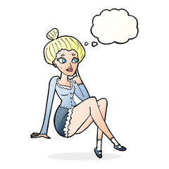cartoon attractive woman sitting thinking with thought bubble