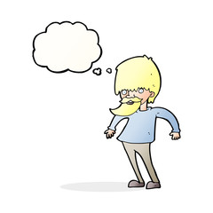 cartoon bearded man shrugging shoulders with thought bubble