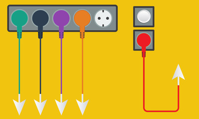 Plug, socket with colored cables and arrow
