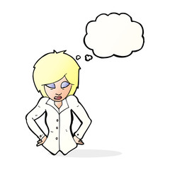 cartoon woman with hands on hips with thought bubble