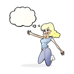 cartoon jumping woman with thought bubble