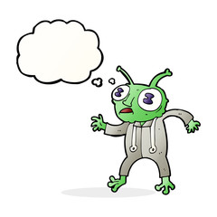 cartoon alien spaceman with thought bubble