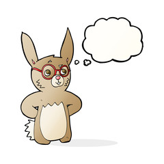 cartoon rabbit wearing spectacles with thought bubble