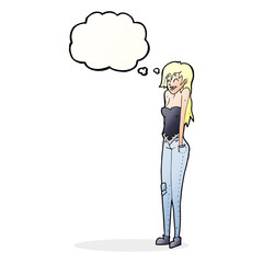 cartoon pretty woman shrugging shoulders with thought bubble