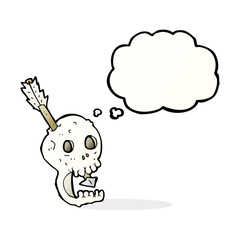 funny cartoon skull and arrow with thought bubble