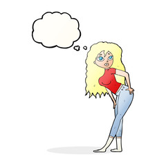 cartoon attractive woman looking surprised with thought bubble