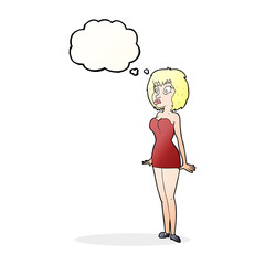 cartoon surprised woman in short dress with thought bubble