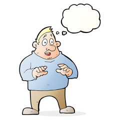 cartoon excited overweight man with thought bubble