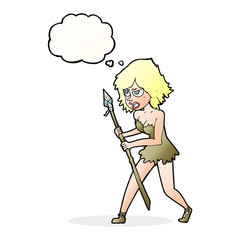 cartoon cave girl with thought bubble