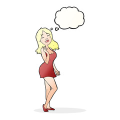 cartoon pretty woman in cocktail dress with thought bubble