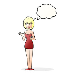 cartoon confused woman in cocktail dress with thought bubble
