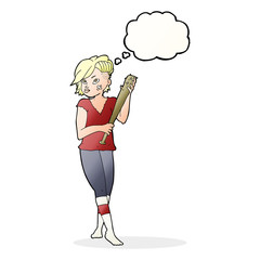 cartoon pretty punk girl with baseball bat with thought bubble