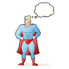 cartoon superhero with thought bubble