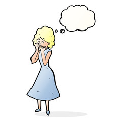 cartoon worried woman with thought bubble