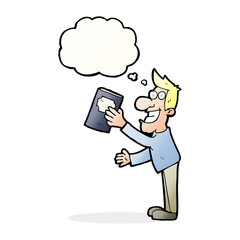 cartoon man with book with thought bubble