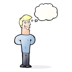 cartoon grinning man with thought bubble