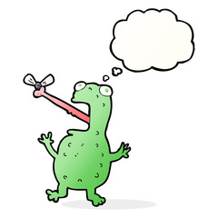 cartoon frog catching fly with thought bubble