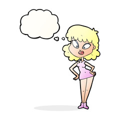cartoon woman with hands on hips with thought bubble