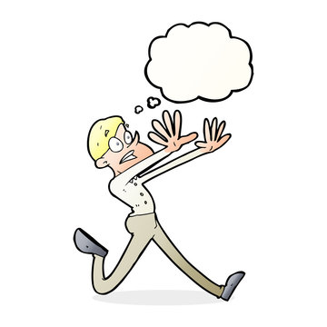 cartoon man running away with thought bubble