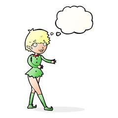 cartoon christmas elf woman with thought bubble