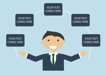 Vector illustration of happy light skin business man in suite spreading his arms. Infographic template with text