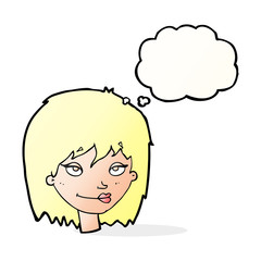 cartoon smiling woman with thought bubble