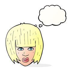 cartoon annoyed girl with big hair with thought bubble