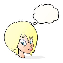 cartoon pretty female face pouting with thought bubble