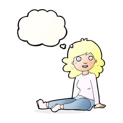 cartoon happy woman with thought bubble