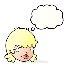 cartoon female face with surprised expression with thought bubbl