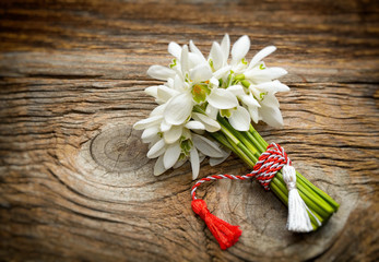 Bouquet of snowdrops on wooden background