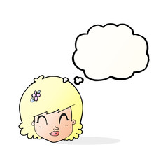 cartoon happy female face with thought bubble