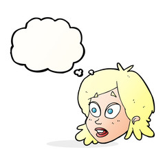 cartoon female face with surprised expression with thought bubbl